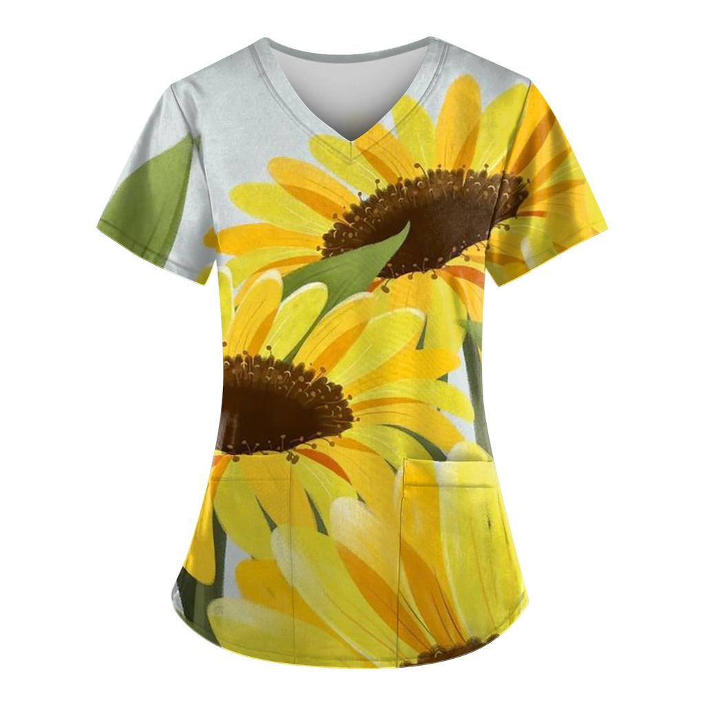 Women's Fashion V-neck Short Sleeve Workwear With Pockets Printed Tops Summer Tops For Women