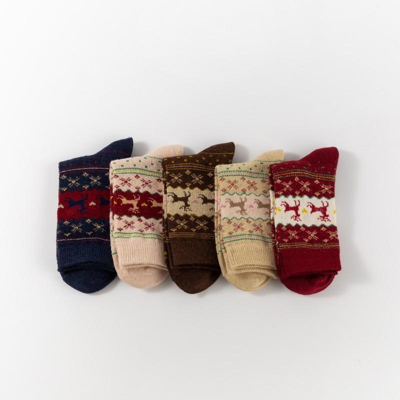 5 Pares de Calcetines Gruesos con Estampado de Alce, Calcetines de Media Caña Navideños Cómodos y Cálidos, Medias y Medias para Mujer beige