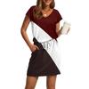 Women's Summer V-Neck Casual Short Sleeve Drawstring With Pocket Vintage Dresses