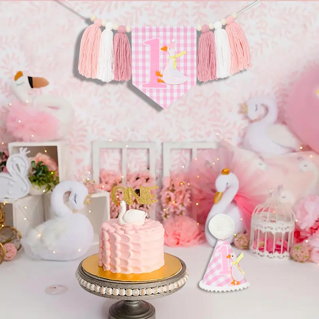 1st Birthday Highchair Banner Goose Theme Blue Ginghams Tassel Banner Hat Photo Prop for Boy Girls Birthday Party Decorations