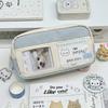 Blue White Cat Pencil Case With Canvas Material For Students And Office Use