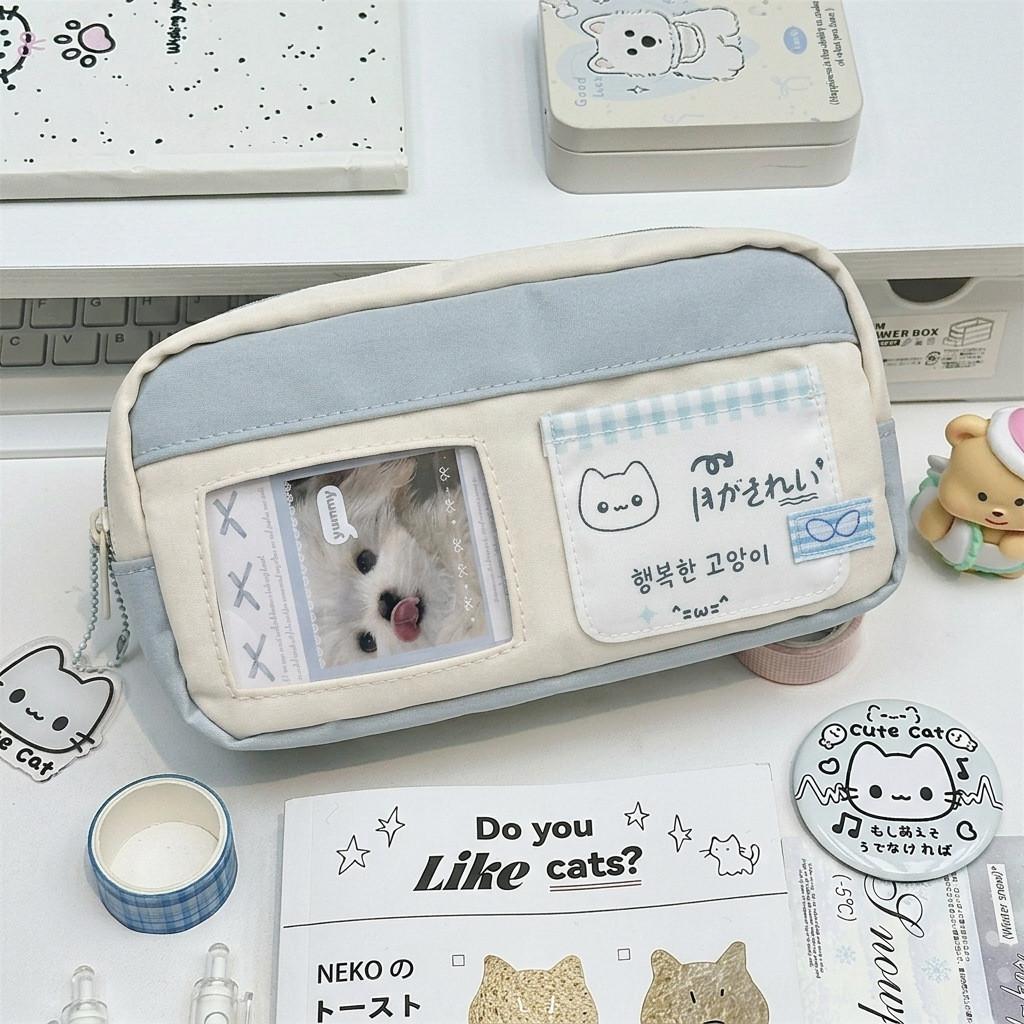 Blue White Cat Pencil Case With Canvas Material For Students And Office Use