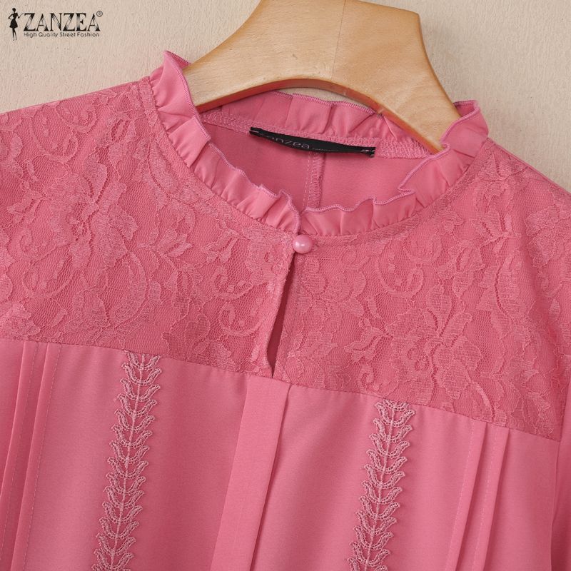 ZANZEA Women Casual Lace Patchwork Round Neck 3/4 Sleeve Loose Blouse