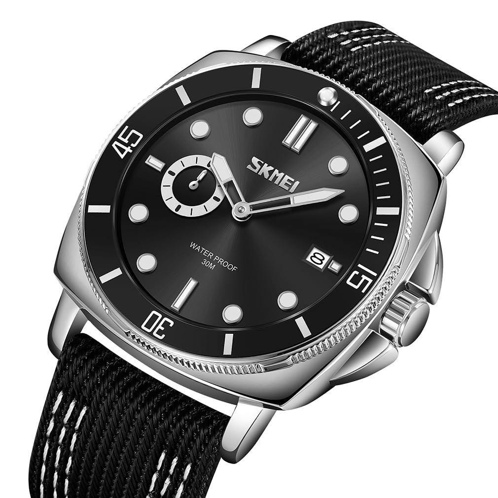 Watch for Sports Black Arm Watch Stylish Brand Nylon Strap Watch Waterproof Large Casual Business Analog Fluorescent Luxury Present Black Watch for