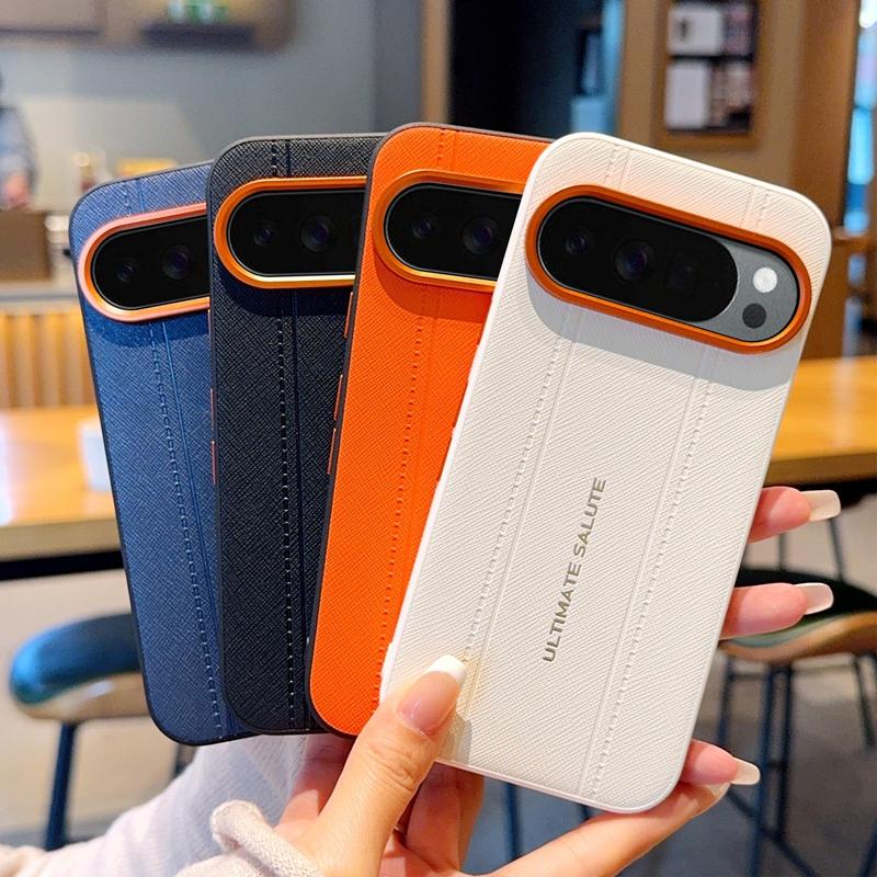 Luxury Cross Texture Leather Design Case For Google Pixel 10 9 10A 9A Pro XL Slim Orange Camera Ring Shockproof Case Cover