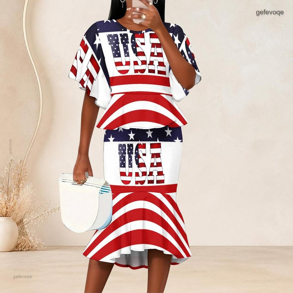 Women Plus Size Printed Round Neck Batwing Sleeve Ruffle Hem Top Fishtail Skirt Two Piece Set