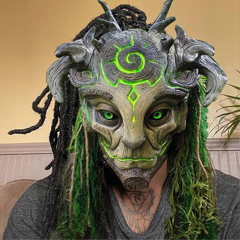 Full Head Masque Stretchy Realistic Halloween Supplies Fun Carnival Latex Green Forest Elf Old Man Masque with Light for Cosplay 25-26