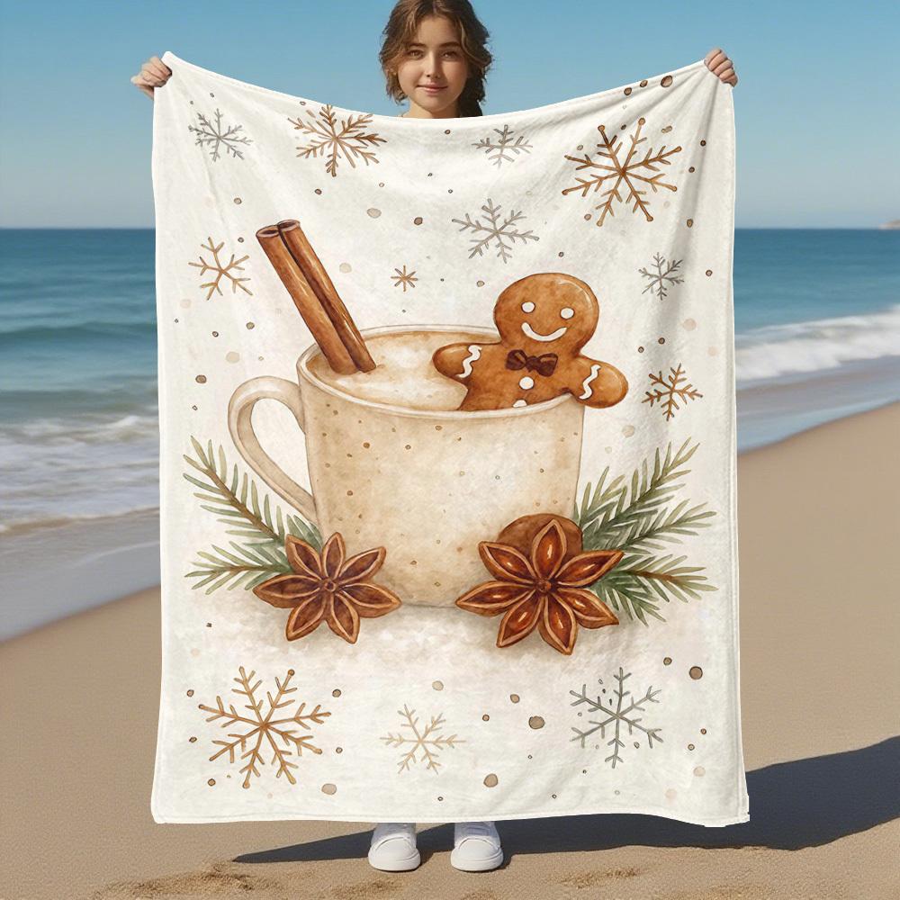 1PC Hot Chocolate Gingerbread manOutdoor Flannel Blanket - Soft Plush Decor for Picnics, Camping, Bedroom, Playroom, Office, or Lunch Break 1334A