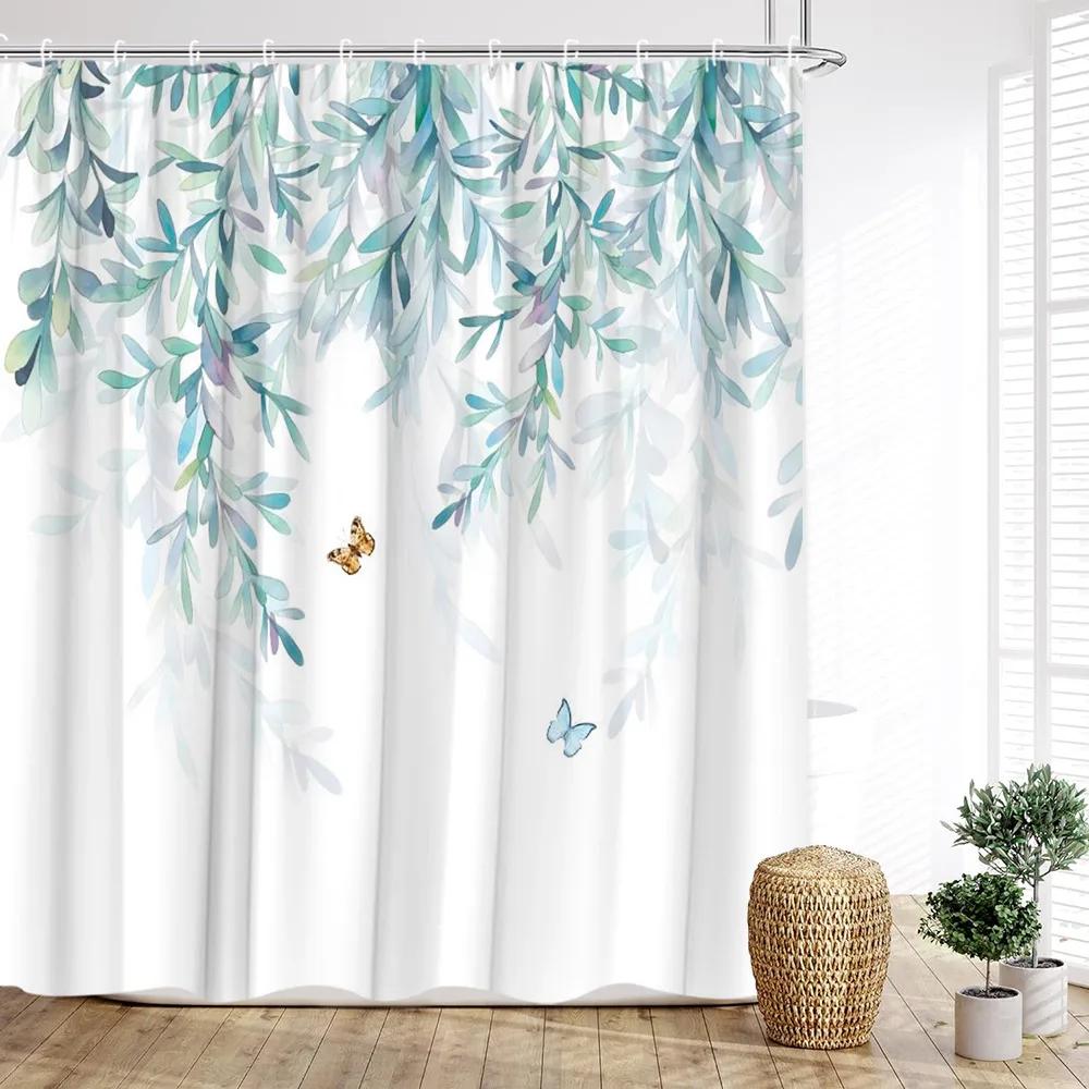 Sage Green Eucalyptus Shower Curtain, Watercolor Plant Floral Eucalyptus Leaves Fabric Shower Curtains Spring Bathroom Decor Set