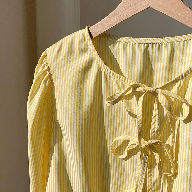 spring sexy bow strap hollow out Women Blouse Shirt Autumn yellow stripe O-Neck Long Sleeve cardigan Casual loose Shirts female