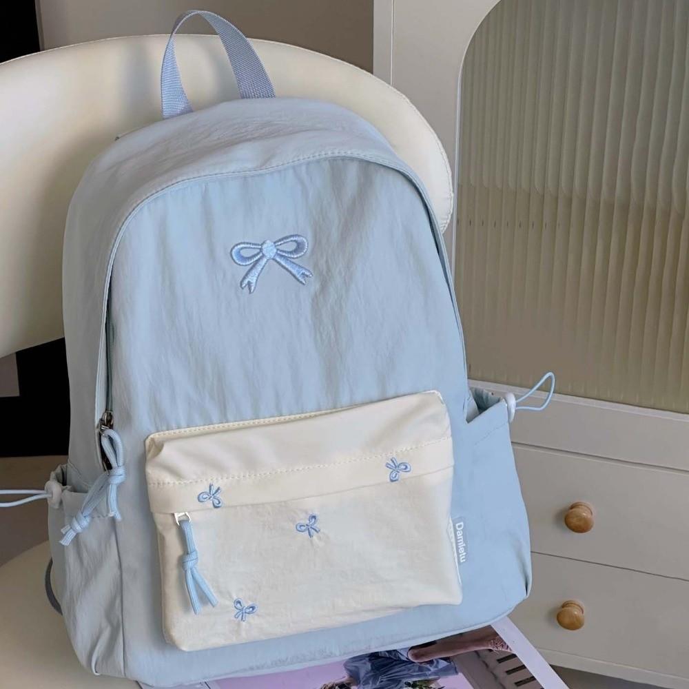 Daypack Canvas Bow Backpack Casual Embroidered Students School Bag Contrast Color Scratch Prevention Large Capacity Backpack