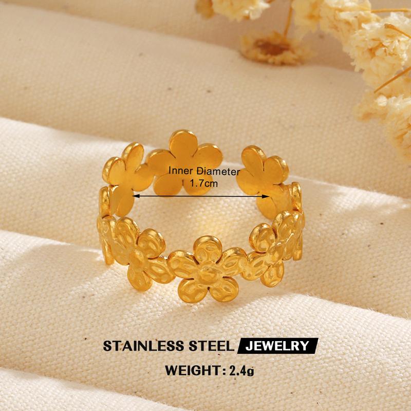 

Stainless Steel French Retro Flower Opening Ring for Women Fashion Gold Color Floral Beaded Ring Sets Romantic Charms Zircon