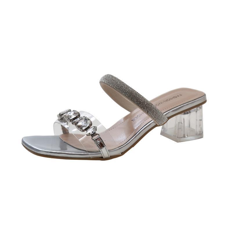 French Square Head Crystal Thick Heel Cool Slippers Women's Outer Wear Spring and Summer 2025 New Large Size High Heel Rhinestone One-word Drag