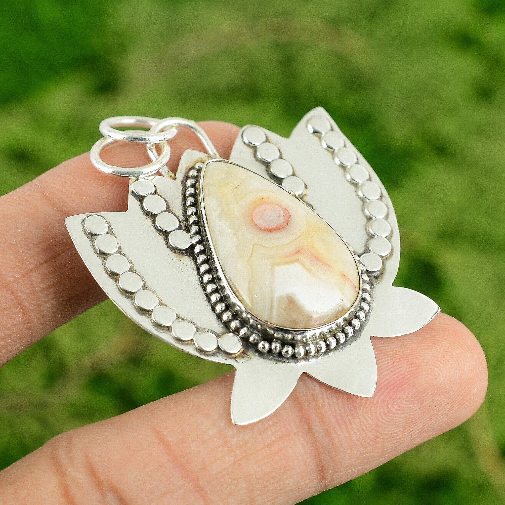 

Daughters Day Sale Natural Crazy Lace Agate 925 Sterling Silver Lotus Pendant