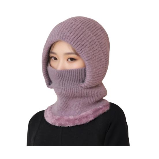 Outdoor Headgear Solid Color Plush Trim Windproof Warm Face Guard Scarf Hat Skiing Hiking Biking Winter