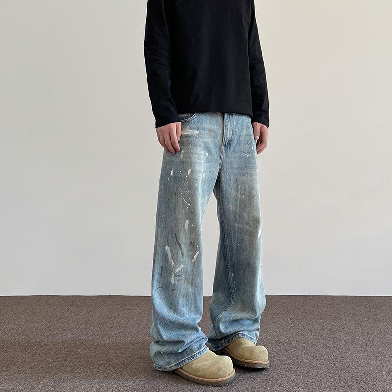 

Мужские узкие джинсы JYL Грязные брызги Граффити Весеннее настроение Нишевые прямые джинсовые брюки M бездна