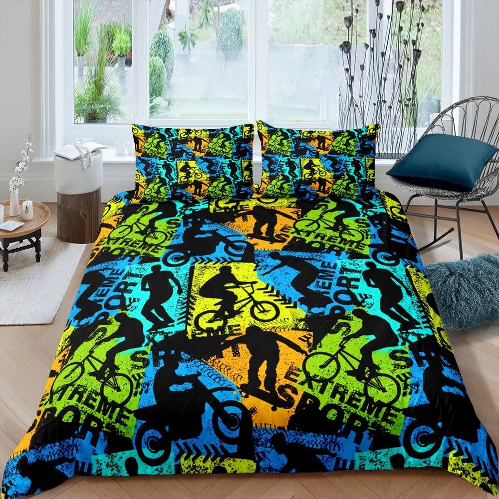 Bicycle Duvet Cover Set Motocross Racer Bedding Set King Size Mountain Bike Comforter Cover Extreme Speed Sports Bedspread Cover