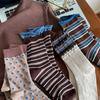 Retro Color Blocking Stripe Socks For Women Winter Warm Middle Tube Socks Korean Girl Soft Thicken Home Sock
