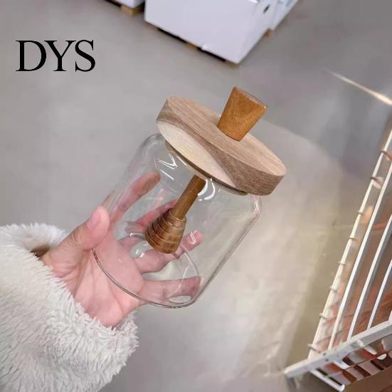 Glass Honey Jar 500ML with Wooden Dipper Lid Airtight Pot Set Transparent Stick Integrated Dipping Sauce And for Easy Monitoring Wide Mouth Dispenser