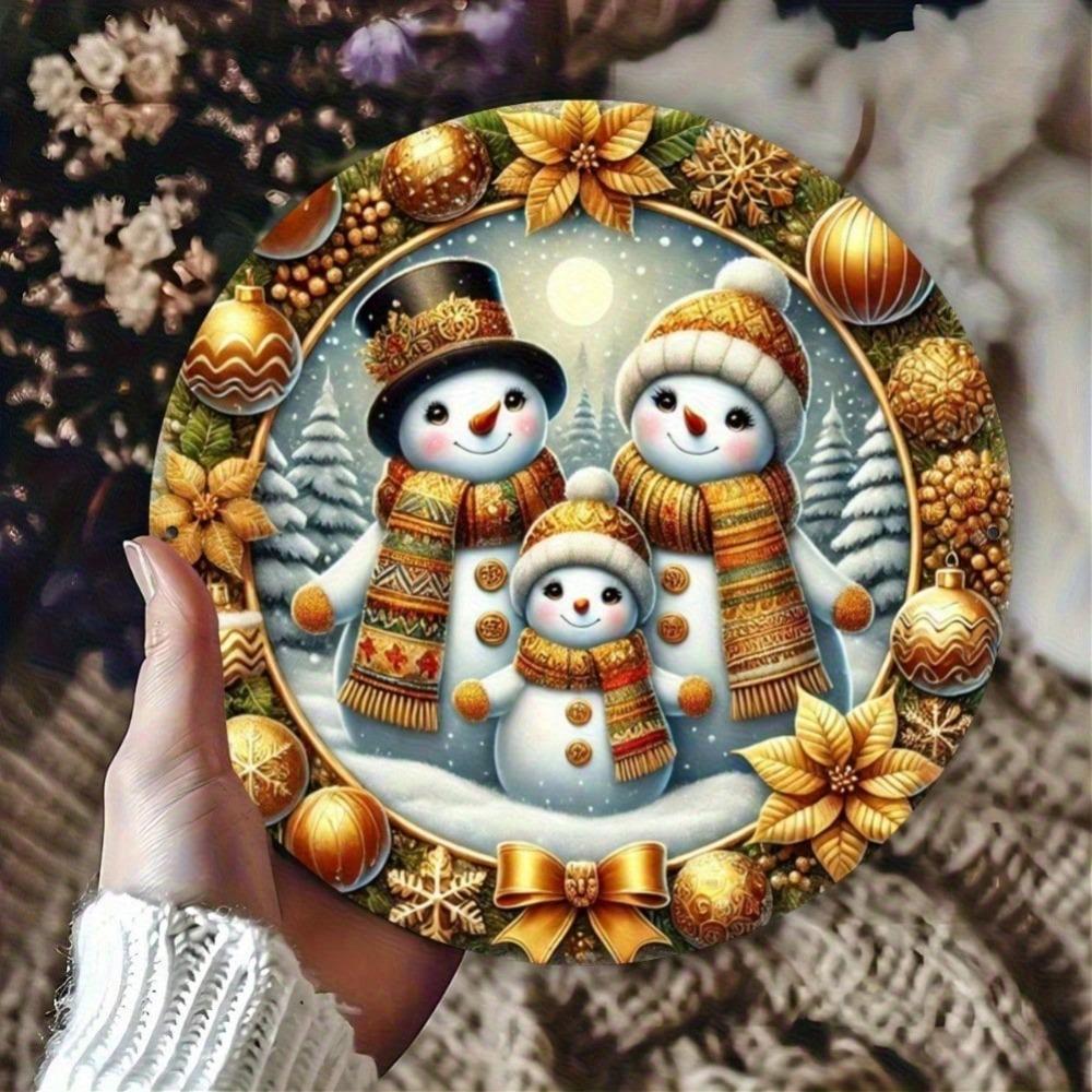 1pc 7.87x7.87 inch Aluminum Metal Sign, Snowman Family Print, Round Tin Wall Art 20.32 cm, Festive Holiday Decor for Bar Cafe Club