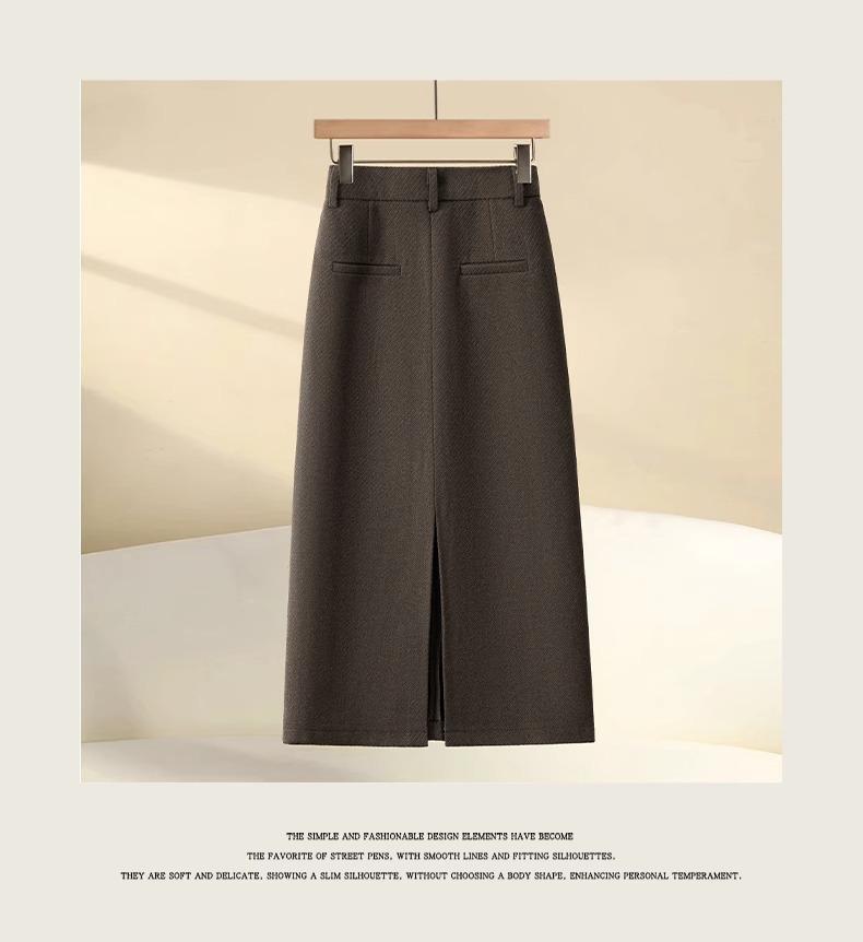 2024 New Women's Khaki Wool A-Line Midi Skirt with High Waist, Loose Fit, Slimming Slit, Perfect for Autumn/Winter.