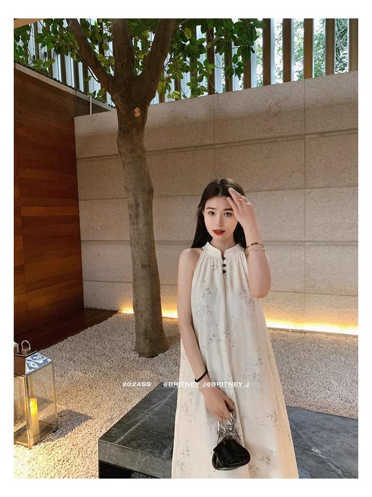 Retro Chinese Halter Sleeveless Summer Dress for Women - Slimming, Loose, Vacation-Ready