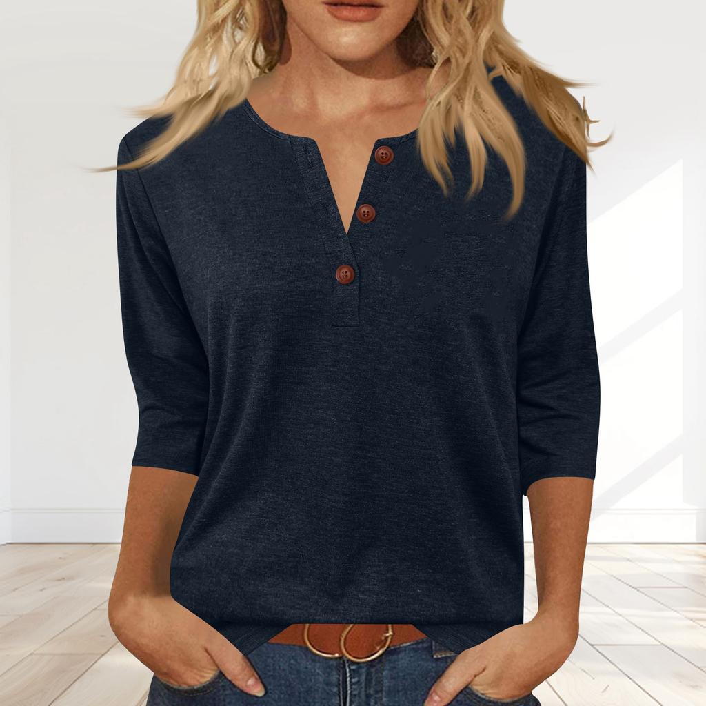 Women's Fashionable Casual Button-down Collar Three-quarter Sleeve T-shirt Top