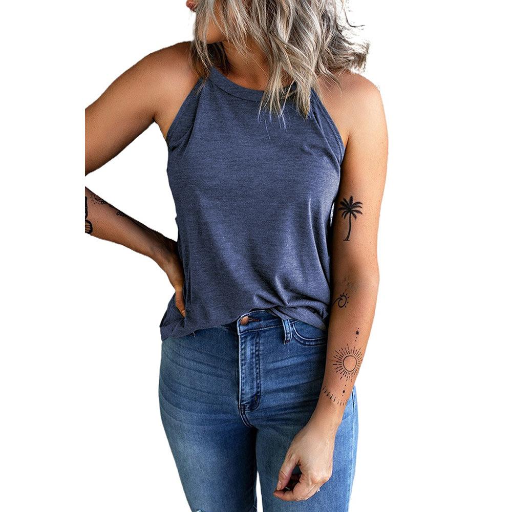 IHUASU Summer Halters Vest Women Wear Solid Color Slim-fit Sleeveless Round Neck Blouse Women