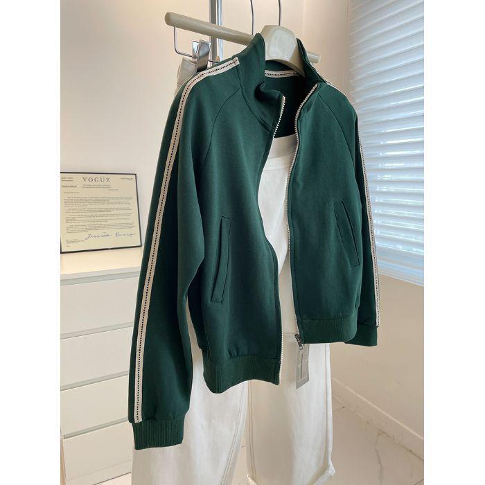 American Retro Stand Collar Short Jacket for Women - Dark Green Slimming Petite Casual Cardigan Hoodie M for 70-90kg