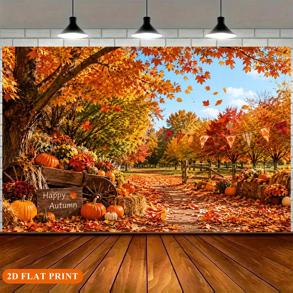 1 pieceof 2D flat banner depicting a harvest scene of pumpkins blooming in a rural setting made of polyester fiber materialzyc