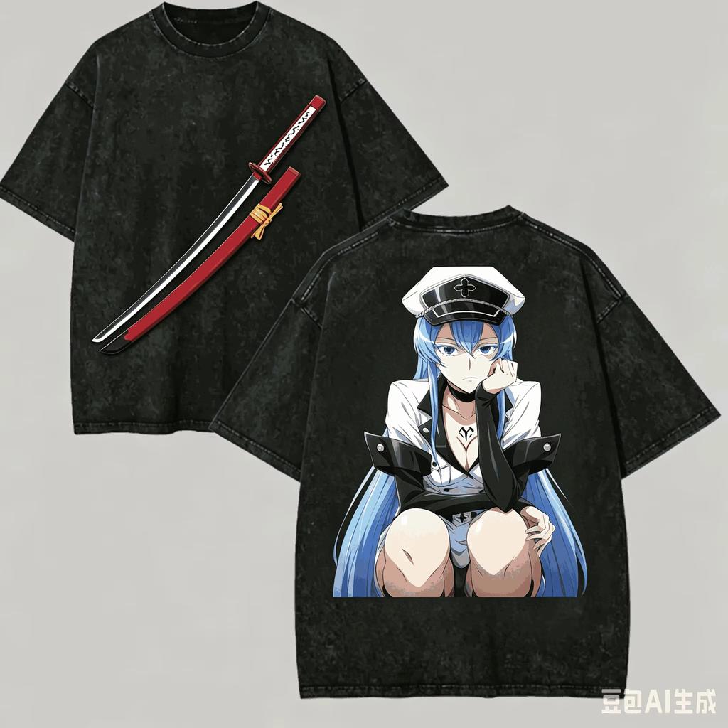 Vintage Washed Akame Ga Kill T Shirt Esdeath Double Sided Graphic Cotton Crew Neck Short Sleeve Unisex Oversized Streetwear Tees