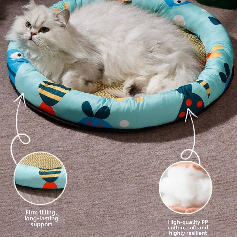 Round Cat Cooling Mat Wear Resistant Breathable Dog Sleeping Bed Cartoon Pattern Thickened Sponge Pet Cooling Nest Kennel Use