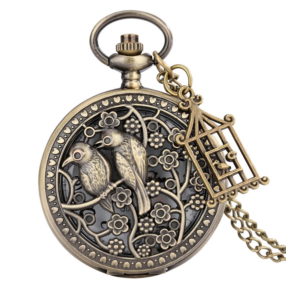Two Little Birds Retro Style Quartz Pocket Watch Chain Steampunk Necklace Pendant Fob Watch Animal Clock with Birdcage Accessory
