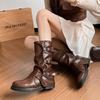 Belt Buckle Pleated Medium Boots Women's Autumn and Winter Outer Wear Retro Punk Side Zipper Trouser Tube Boots Western Style Cowboy Boots