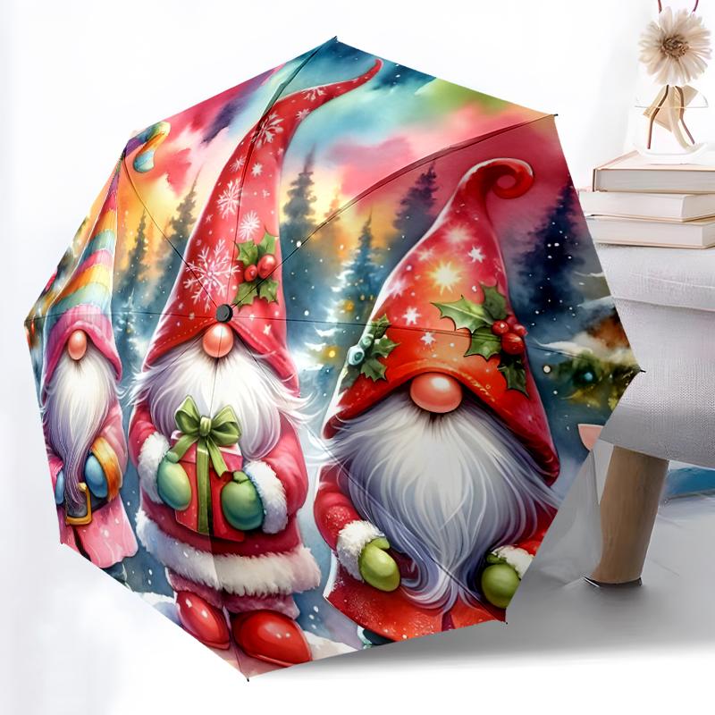1pc Sturdy 8-Bone Auto Umbrella, Christmas Gnome Umbrella, Digital Printed, Foldable Umbrella for On-the-Go Outdoor Use