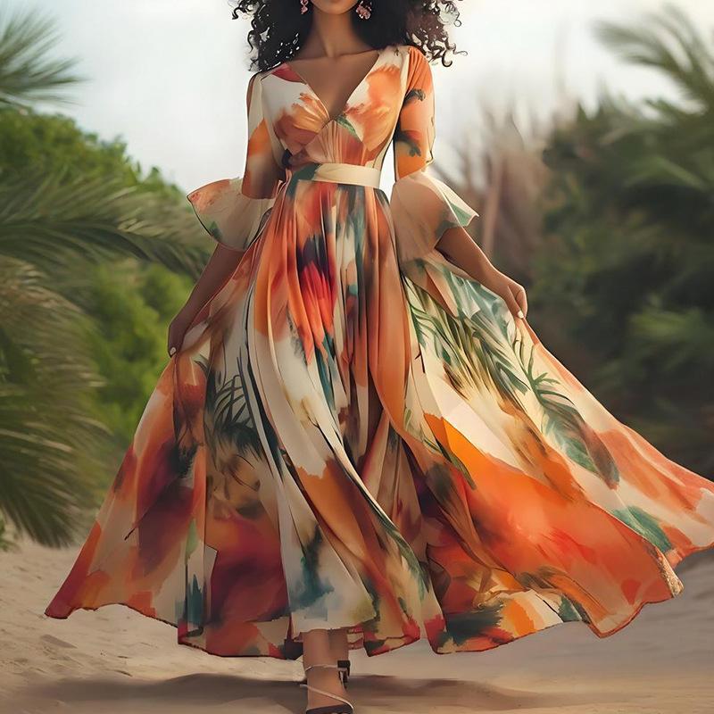 

2026 Европейская и американская новая женская одежда модный принт стиль для отпуска развевающееся пляжное платье S