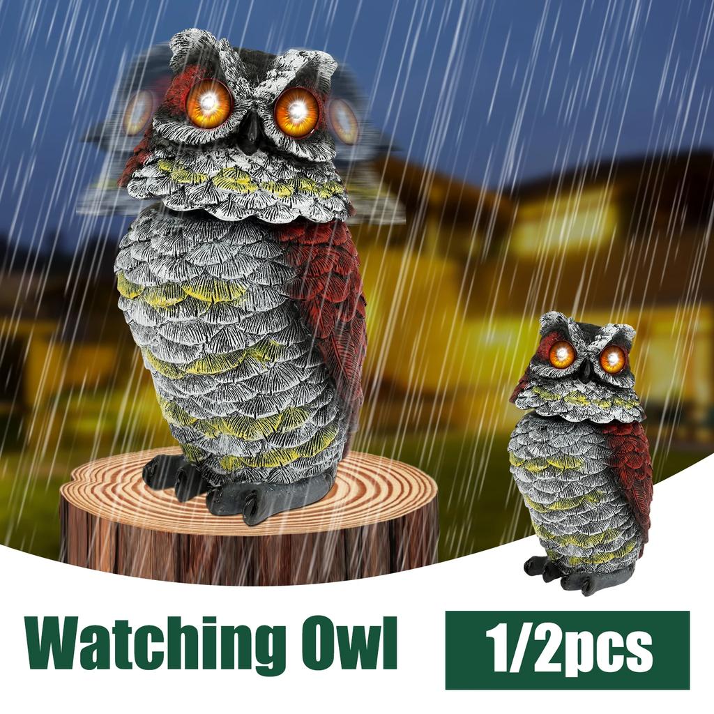 1/2 Stück Solar-Eulenattrappe aus Kunstharz zur Taubenabwehr, Eulenstatue mit blinkenden Augen und drehbarem Kopf, Gartenvogelscheuche für Rasen und Hof