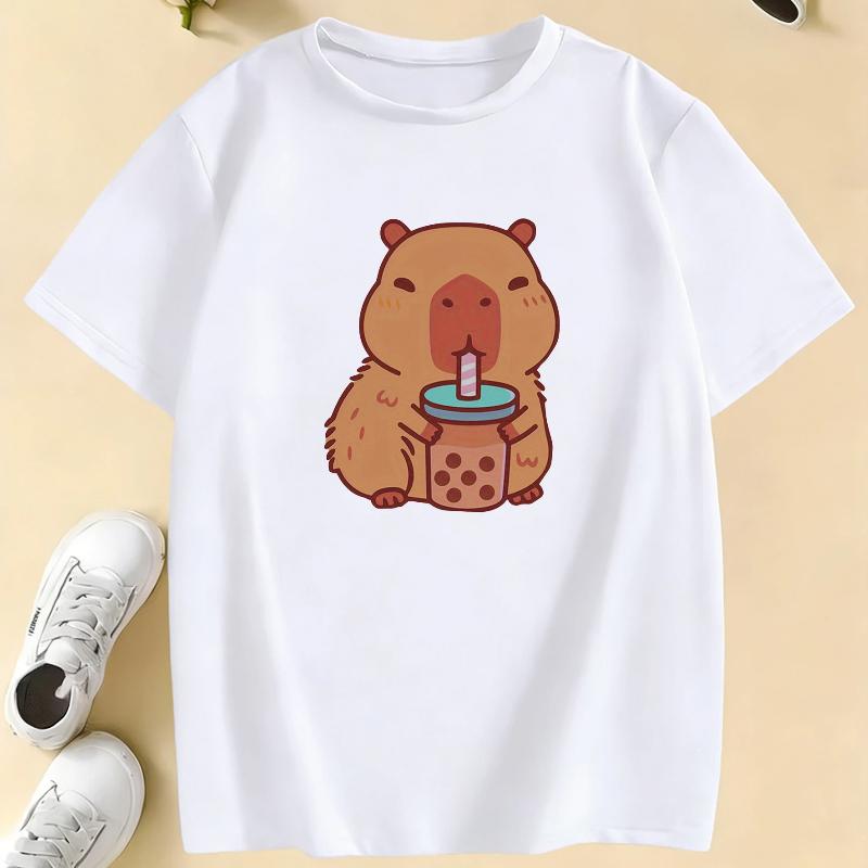 Girls' Cute Capybara Drinking Milk Tea Graphic T Shirts Kids Children's T-shirt Boys Girls Summer Spring Casual Top Tee Shirt