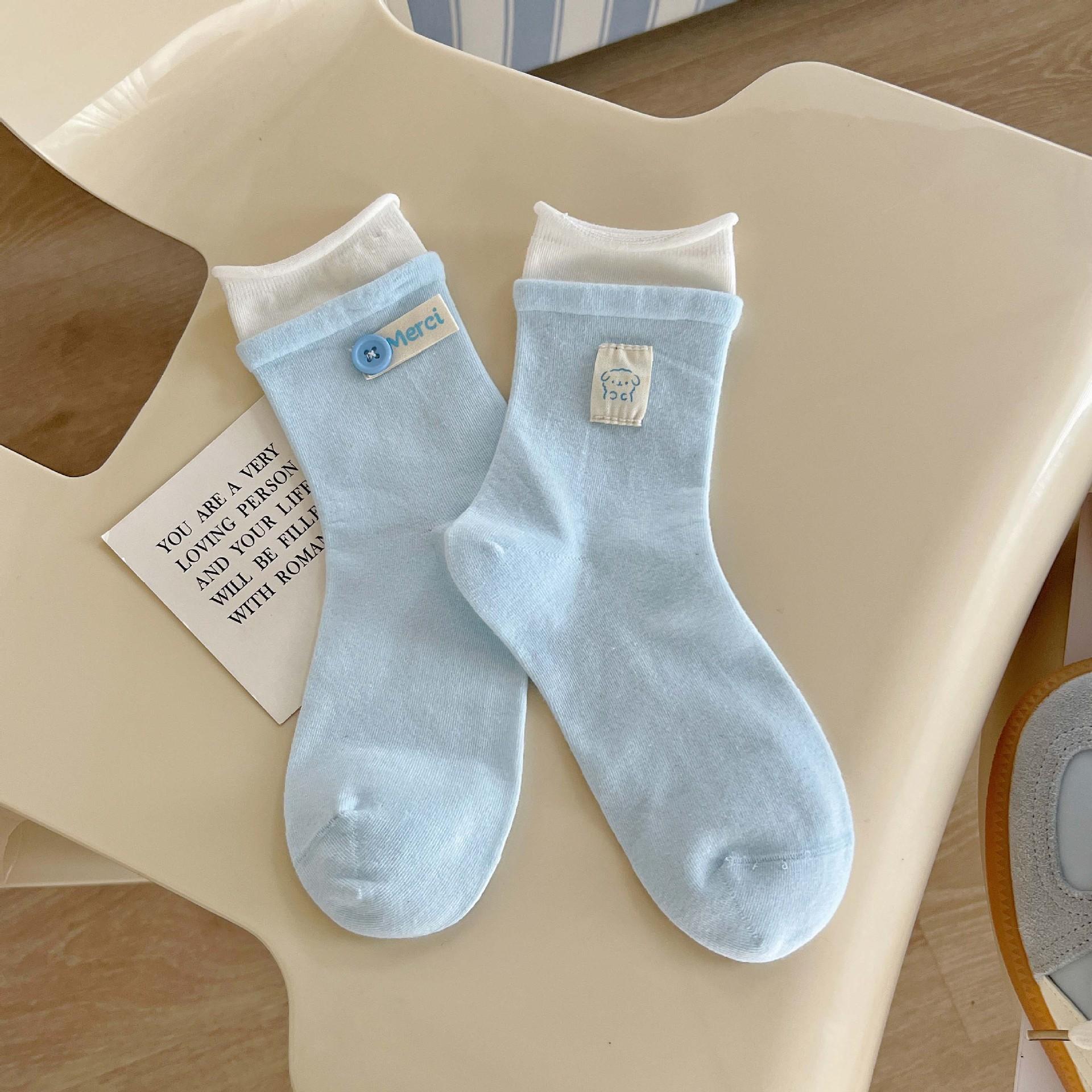

Blue-gray AB Style Rolled-edge Buttonless Pile Socks, Spring-autumn Cute Fabric Label Teddy Bear Mid-calf Socks 1 pair синій