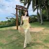 Damen Gelbes Blumenmuster Netz Maxikleid Spaghettiträger Meerjungfrauen Saum Strandpartykleid