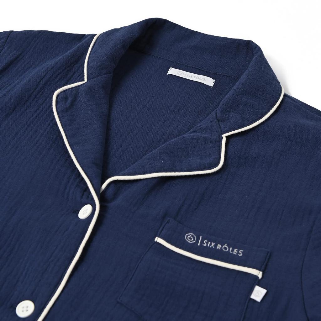 Six Rolls Short Sleeve Piping Double Gauze Pajama Solid Loungewear Women's Set, Color, 100% Cotton, (Small, Navy)