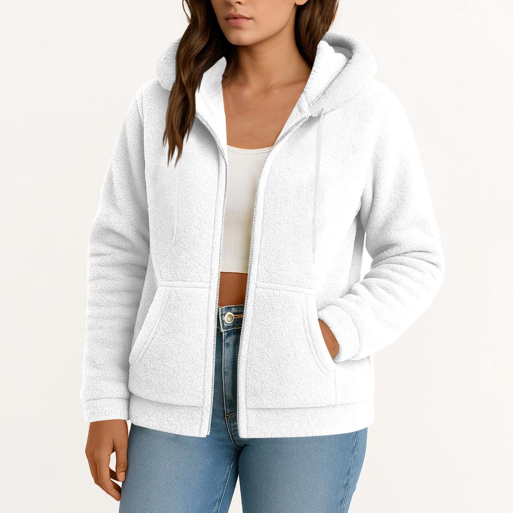 Women's  Fuzzy Fleece Jacket Hooded Color Block Patchwork Lady Cardigan Coat Outerwear With Pockets And Cat Ears