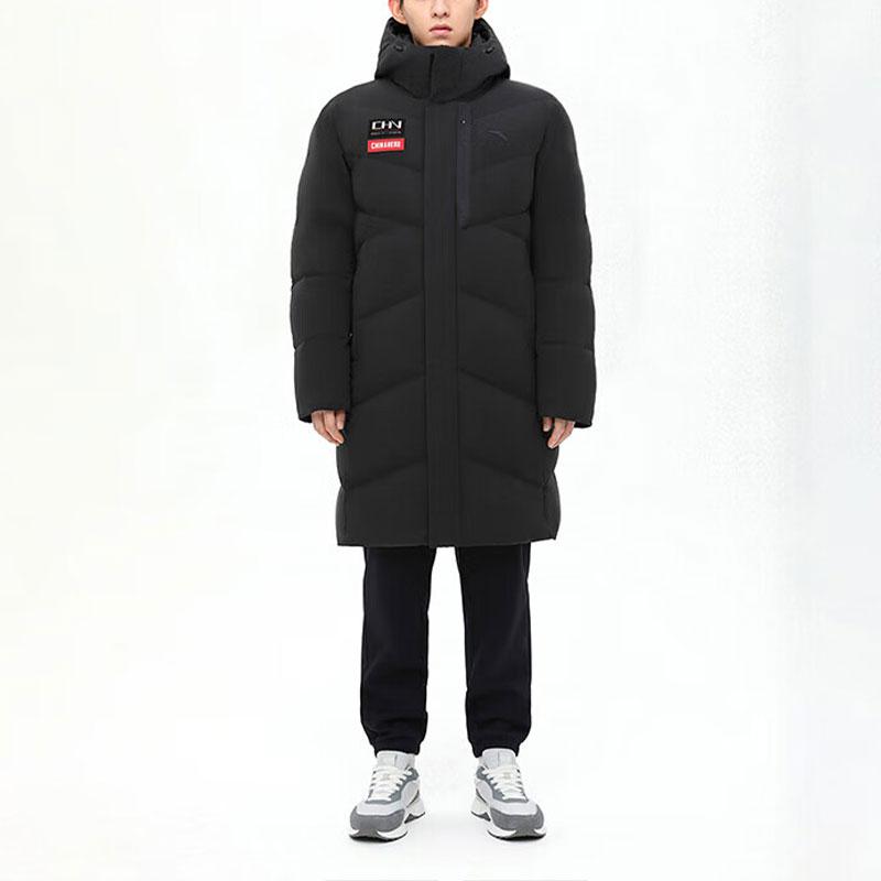 Anta Water-Resistant Mid-Length Snow Shell Down Jacket With Letter Print Men Outerwear Basic-Black 152417906-2