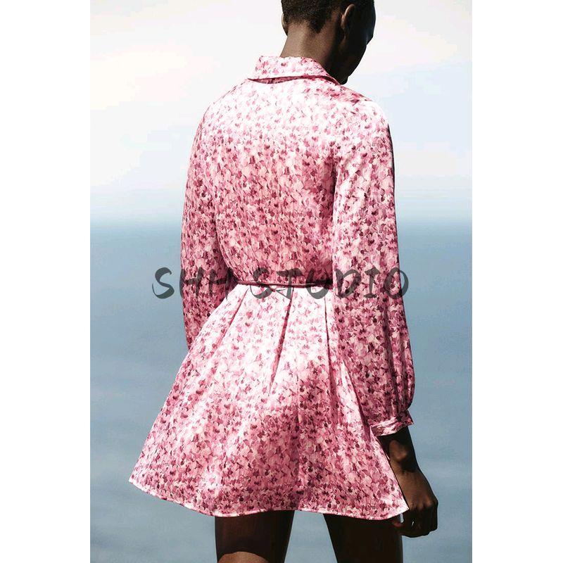 Spring New Women clothes V-Shaped Neckline With Belt Flowers Print Fashion Long sleeve Short Dress 5029072