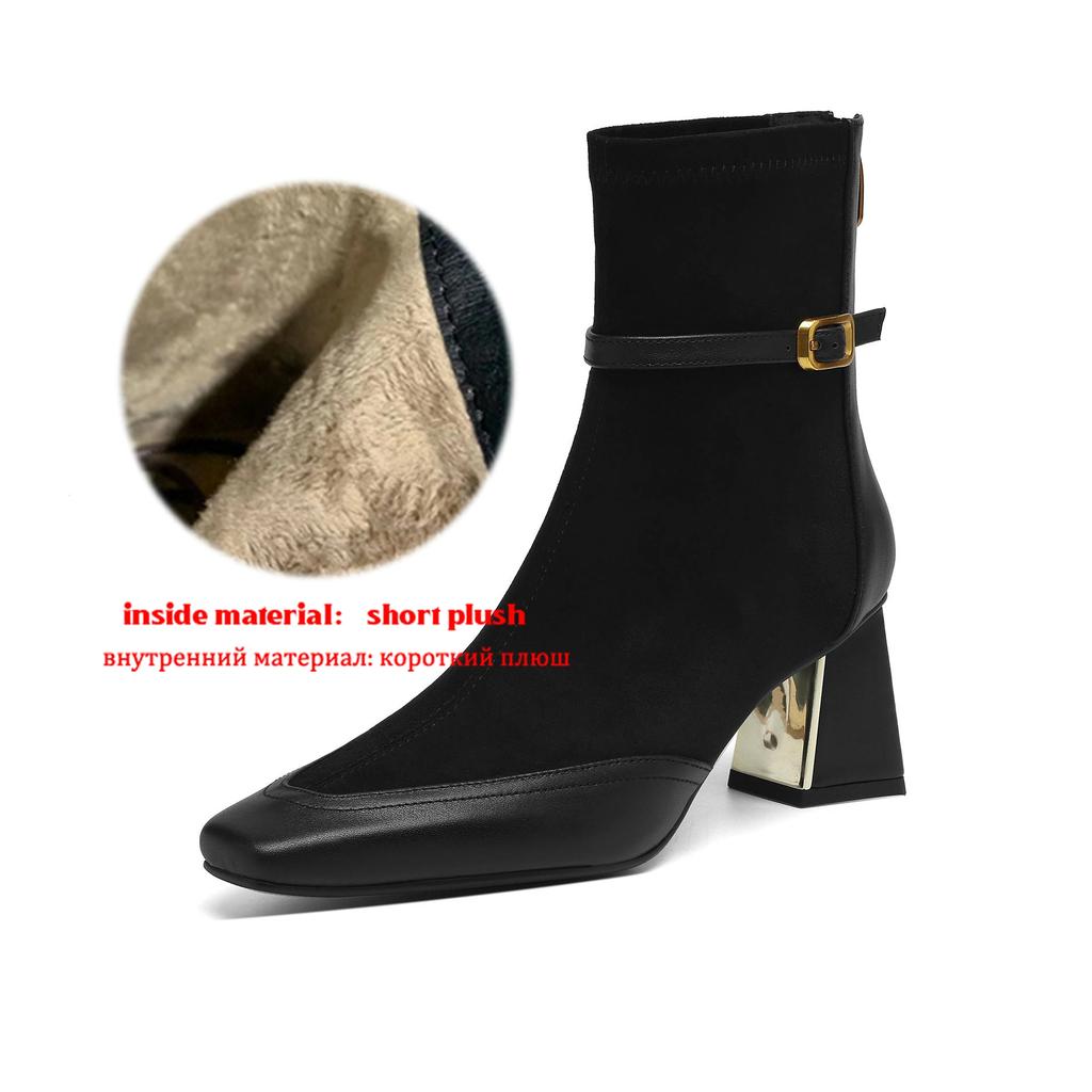 Krazing Pot Flock Cow Skin Square Toe Thick Heels Chelsea Boots Size 42 Beauty Lady Women Modern Fashion Girl Ankle Boots