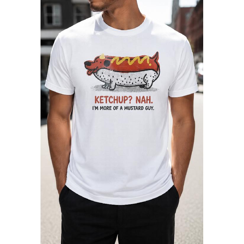 Plus Size - Men's T-Shirt S-5XL Featuring A Funny Hot Dog Graphic With 'Ketchup? Nah. I'm More Of A Mustard Guy' Text - A Casual Short-Sleeve