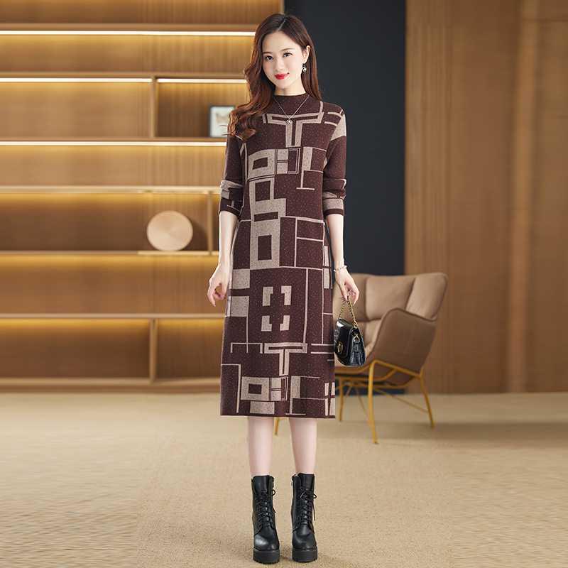 Autumn/Winter Over-the-Knee Loose Knit Dress with Half-High Neck