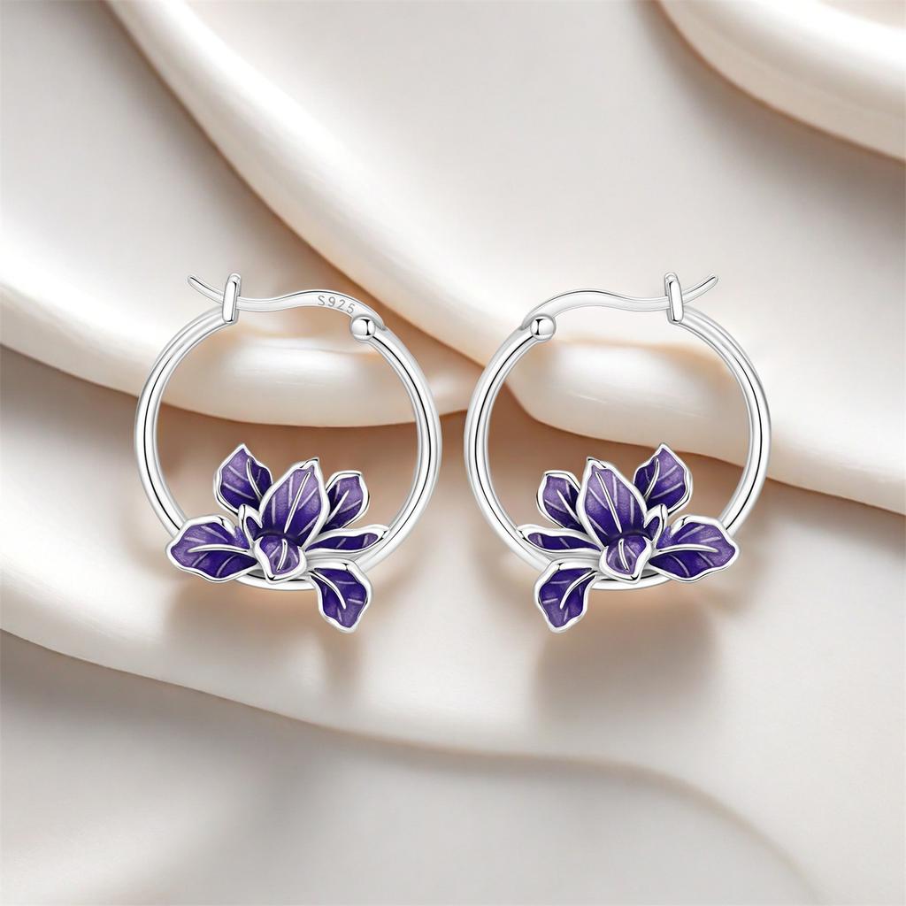 PANPOKI S925 Silver Blooming Purple Iris Flower Earrings Versatile Hoop Earrings For Women Jewelry Original Party Gift