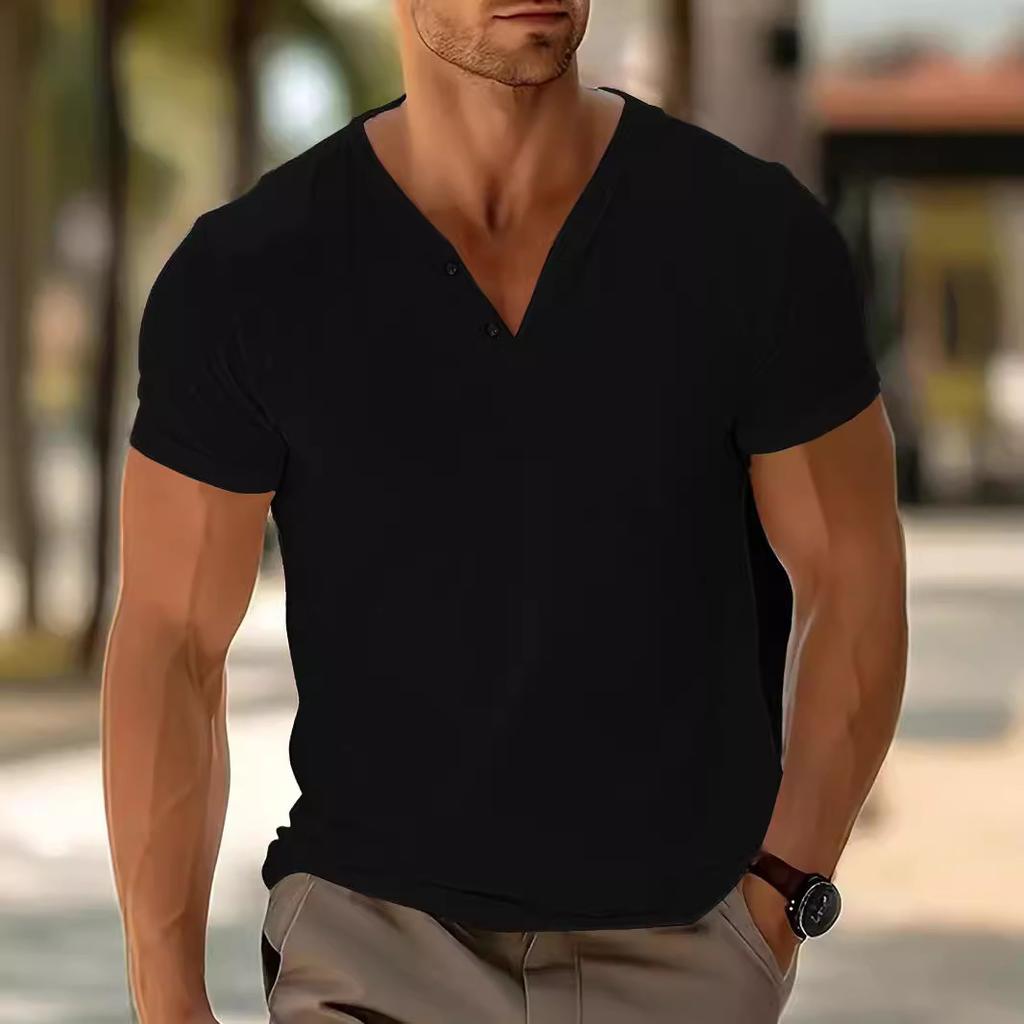 Solid Color V-neck Breathable Sweat Wicking Casual Sports Top Button Short Sleeved Men's T-shirts