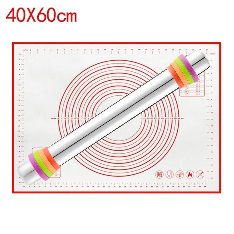 Adjustable Stainless Steel Rolling Pin Silicone Baking Mat Dough Roller 4 Removable Thickness Ring Cake Pizza Pastry Baking Tool